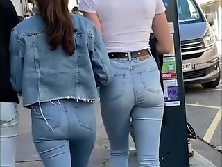 Adorable Doll With Taut Jean On Street